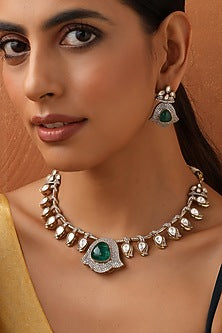 Gold Finish Kundan Polki & Emerald Necklace Set
