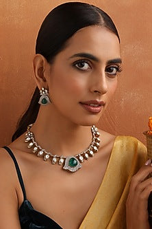Gold Finish Kundan Polki & Emerald Necklace Set