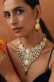 Gold Finish Kundan Polki Necklace Set
