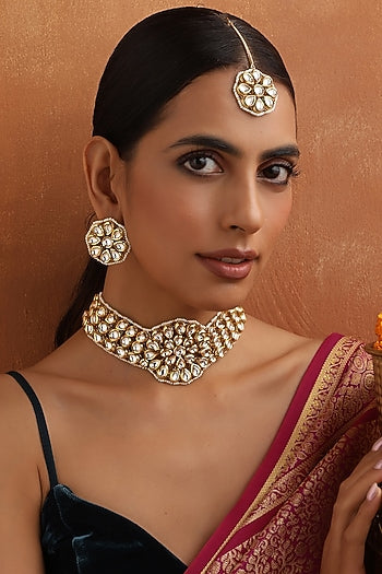 Gold Finish Kundan Polki Choker Necklace Set