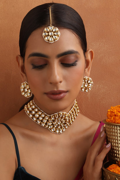 Gold Finish Kundan Polki Choker Necklace Set