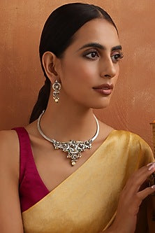 White Finish Green Kundan Polki Necklace Set
