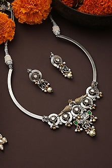 White Finish Green Kundan Polki Necklace Set