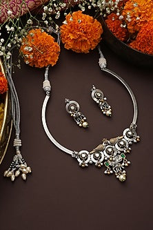 White Finish Green Kundan Polki Necklace Set