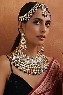 Gold Finish Blue Kundan Polki Necklace Set