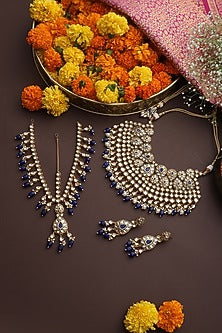 Gold Finish Blue Kundan Polki Necklace Set