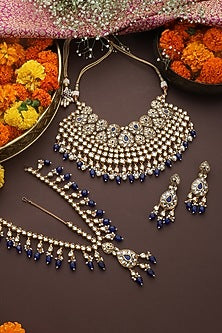 Gold Finish Blue Kundan Polki Necklace Set