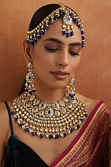 Gold Finish Blue Kundan Polki Necklace Set