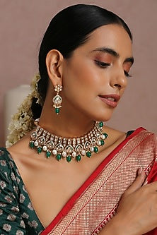 Gold Finish Pearl & Kundan Polki Choker Necklace Set