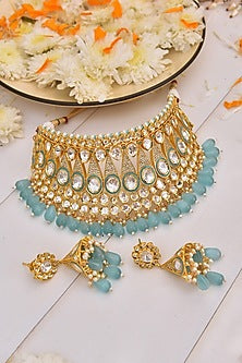 Gold Finish Choker Necklace Set With Kundan Polki