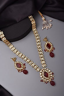 Gold Finish Kundan Polki & Red Stone Long Necklace Set