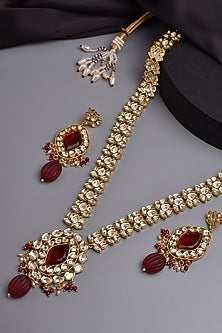 Gold Finish Kundan Polki & Red Stone Long Necklace Set