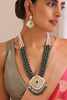 Gold Finish Kundan Polki & Green Stone Long Necklace Set