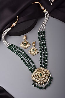Gold Finish Kundan Polki & Green Stone Long Necklace Set