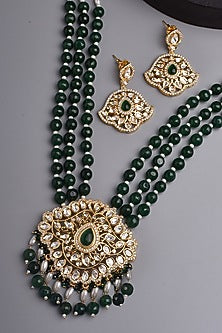 Gold Finish Kundan Polki & Green Stone Long Necklace Set