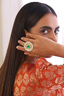 Gold Finish Kundan Polki & Green Stone Ring