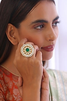 Gold Finish Kundan Polki & Green Stone Ring