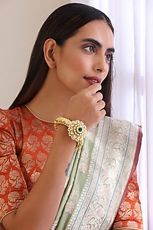 Gold Finish Kundan Polki & Green Stone Kada