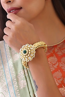 Gold Finish Kundan Polki & Green Stone Kada
