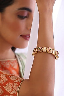 Gold Finish Red & Green Stone Kada