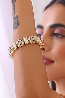 Gold Finish Red & Green Stone Kada