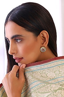 Two Tone Finish Kundan Polki & Red Stone Stud Earrings