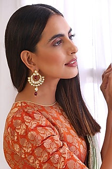 Gold Finish Kundan Polki & Red Stone Chandbali Earrings