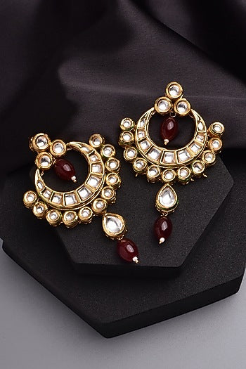 Gold Finish Kundan Polki & Red Stone Chandbali Earrings