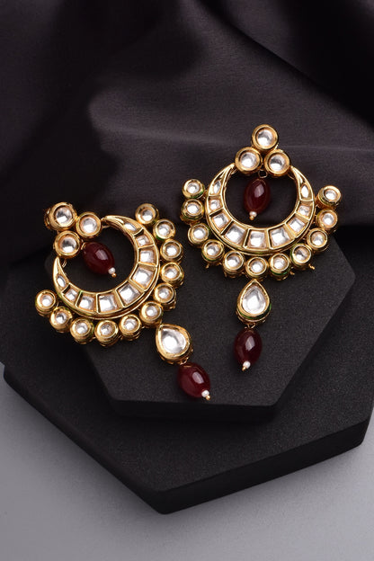 Gold Finish Kundan Polki & Red Stone Chandbali Earrings