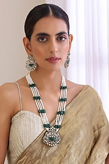 White Finish Kundan Polki & Green Stone Long Necklace Set
