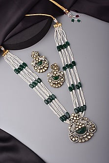 White Finish Kundan Polki & Green Stone Long Necklace Set