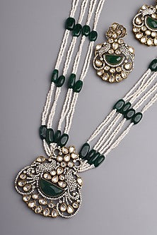 White Finish Kundan Polki & Green Stone Long Necklace Set