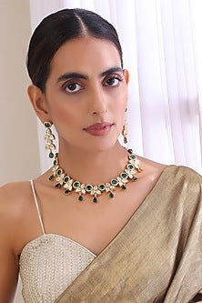 Gold Finish Kundan Polki & Emerald Necklace Set
