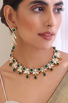 Gold Finish Kundan Polki & Emerald Necklace Set