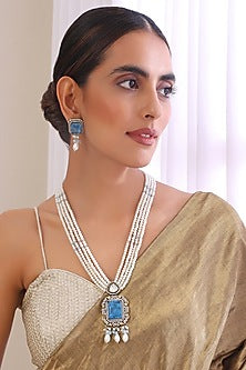 White Finish Victorian Polki & Blue Stone Long Necklace Set