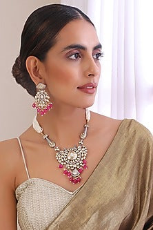 White Finish Kundan Polki & Red Stone Long Necklace Set