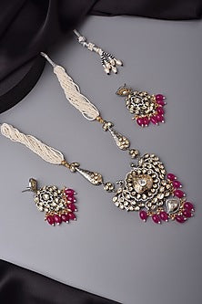 White Finish Kundan Polki & Red Stone Long Necklace Set