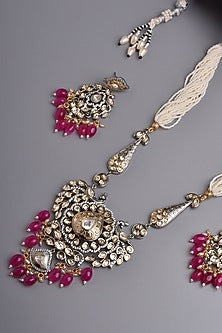 White Finish Kundan Polki & Red Stone Long Necklace Set