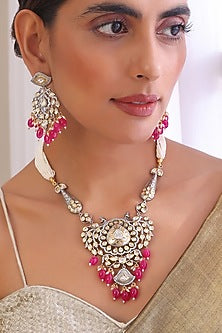 White Finish Kundan Polki & Red Stone Long Necklace Set