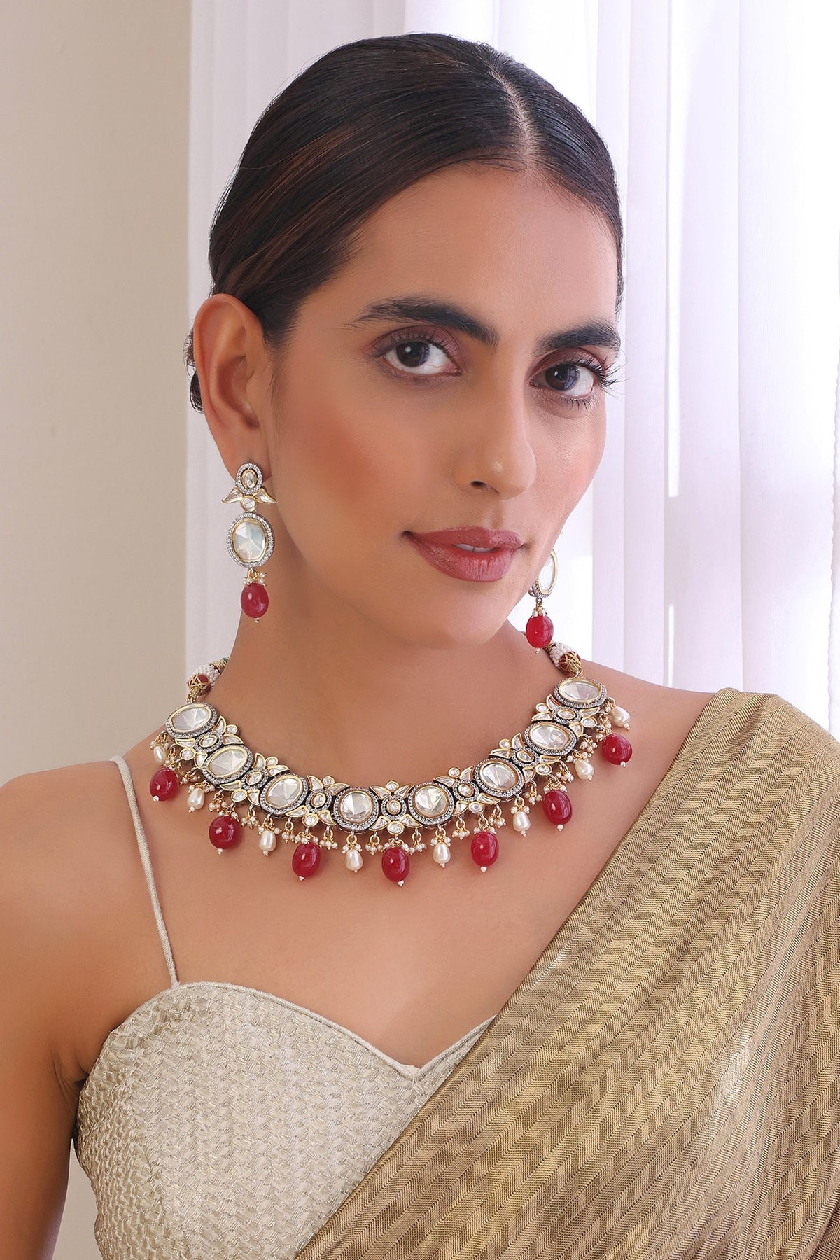 Two Tone Finish Kundan Polki & Red Stone Choker Necklace Set