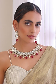Two Tone Finish Kundan Polki & Red Stone Choker Necklace Set