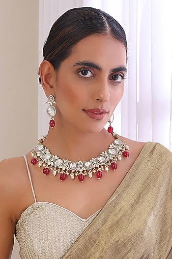 Two Tone Finish Kundan Polki & Red Stone Choker Necklace Set