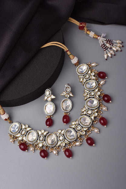 Two Tone Finish Kundan Polki & Red Stone Choker Necklace Set