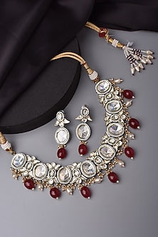 Two Tone Finish Kundan Polki & Red Stone Choker Necklace Set