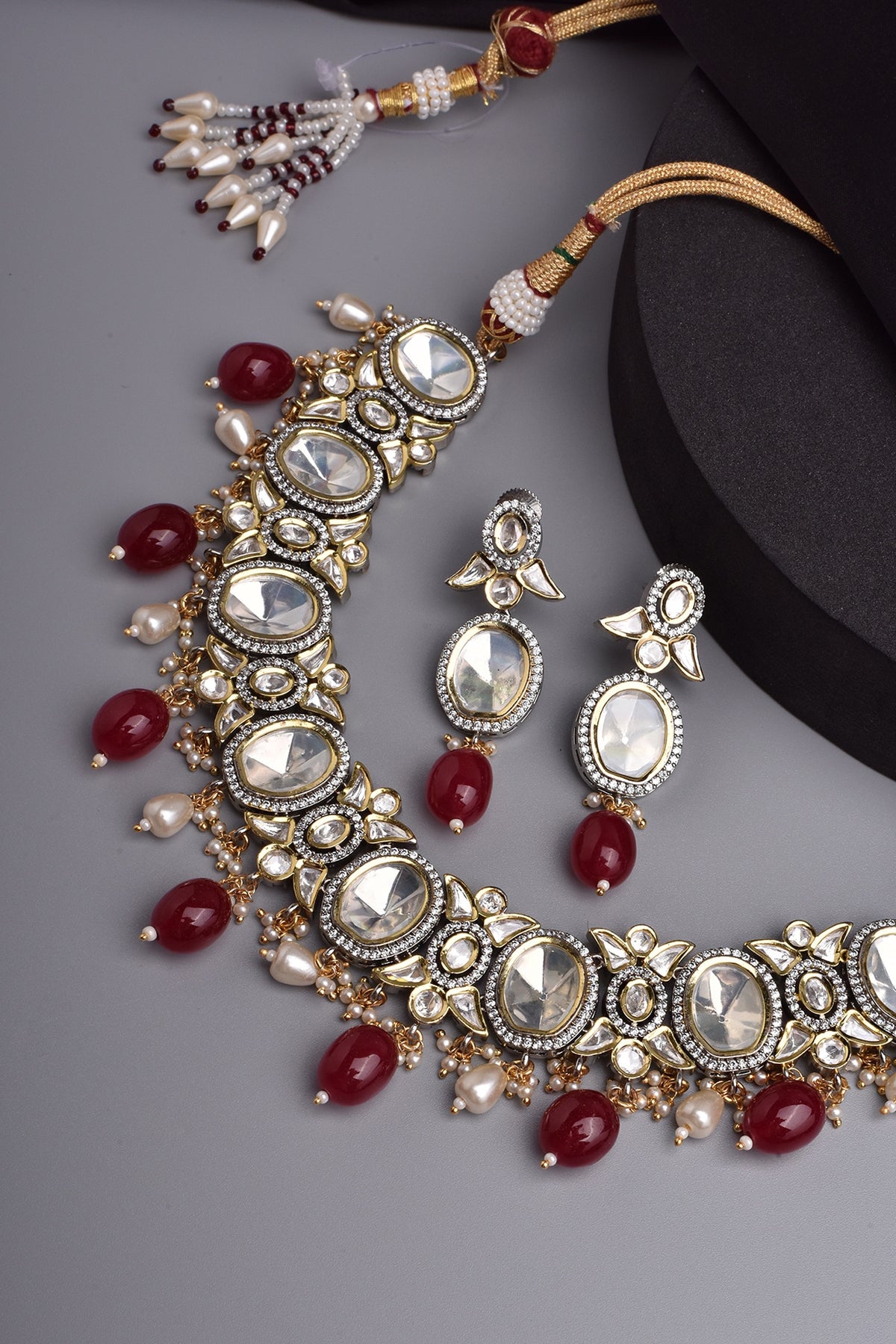 Two Tone Finish Kundan Polki & Red Stone Choker Necklace Set