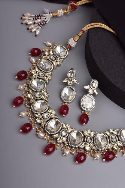 Two Tone Finish Kundan Polki & Red Stone Choker Necklace Set
