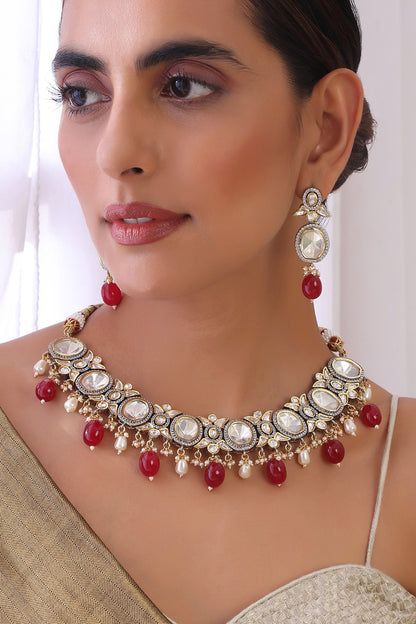 Two Tone Finish Kundan Polki & Red Stone Choker Necklace Set
