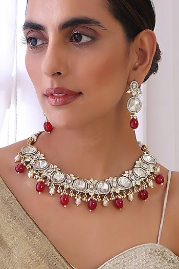 Two Tone Finish Kundan Polki & Red Stone Choker Necklace Set