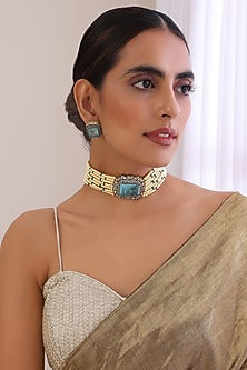 White Finish Victorian Polki & Blue Stone Choker Necklace Set