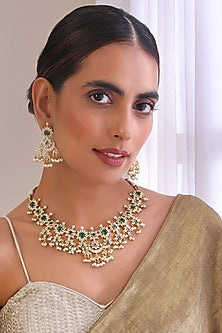 Gold Finish Kundan Polki & Emerald Necklace Set